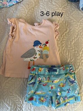 Girls Pink Seagull Ice Cream Top with Blue Beach Print Shorts mini boden